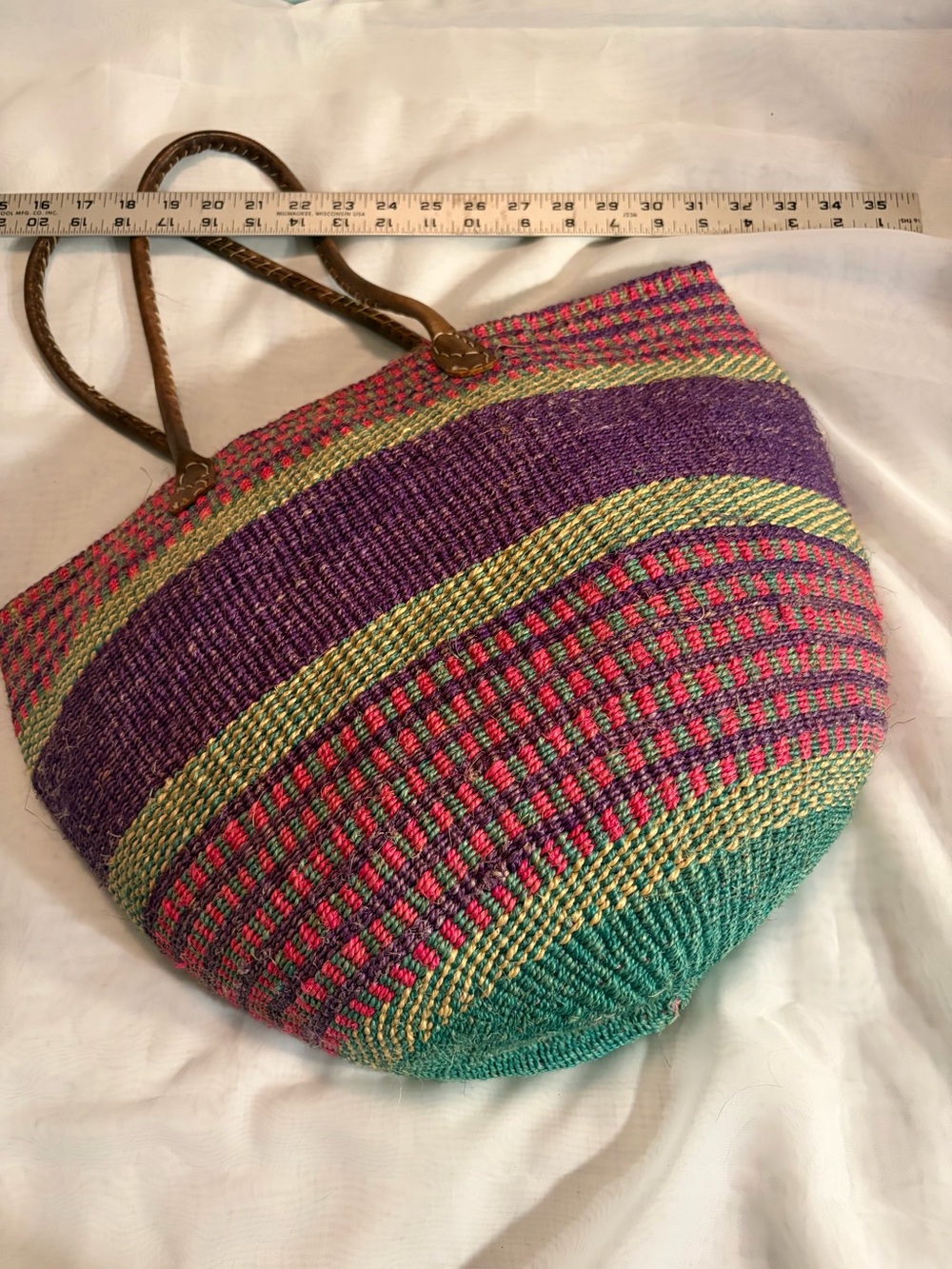 Colorful Woven Straw Tote Bag with Leather Handles